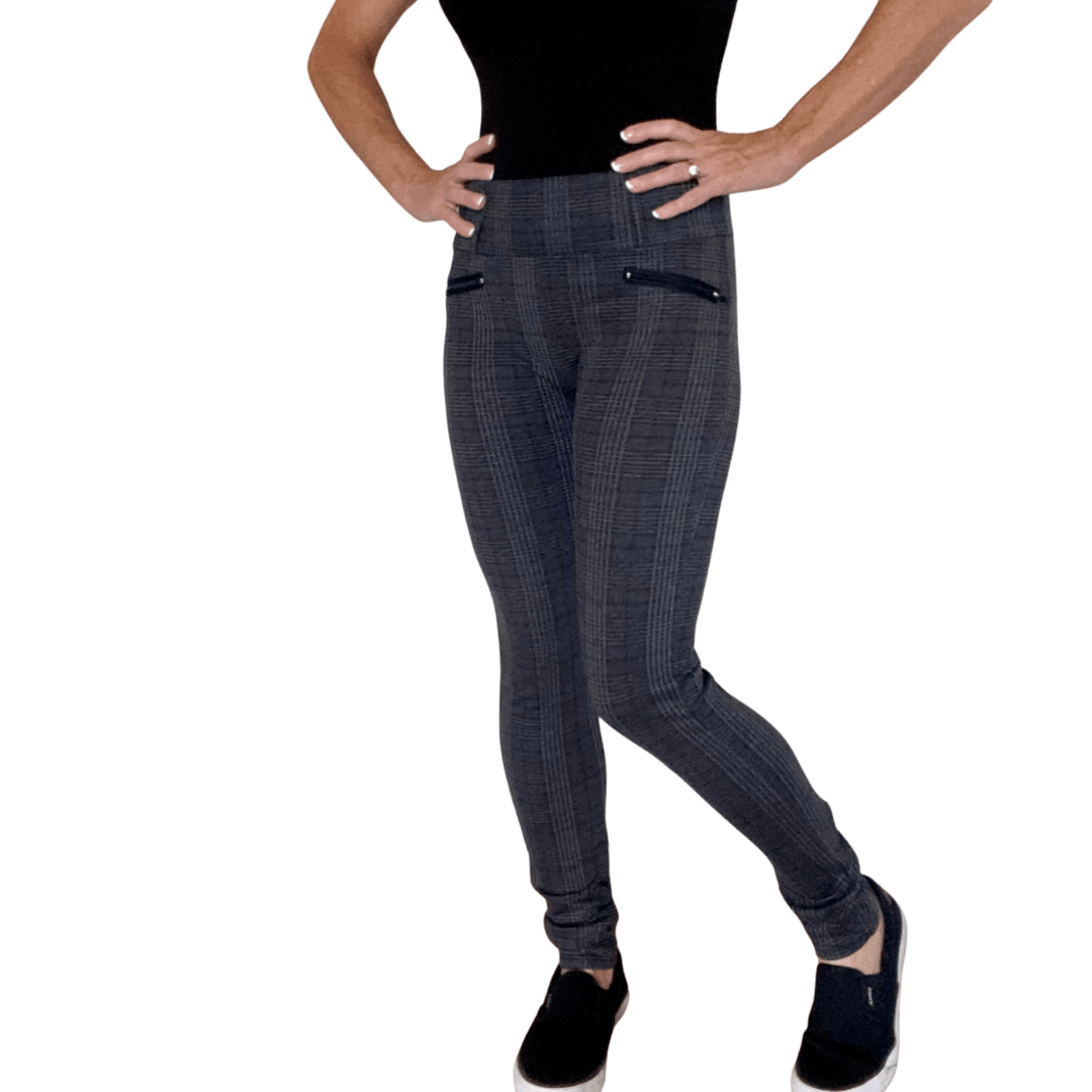 LaaTeeDa Sports Pants LaaTeeDa Women’s Golf Pants - Slim Fitted, Pull On Design With Zipper Front Mock Pockets and Real Back Pockets - Dark Grey Plaid