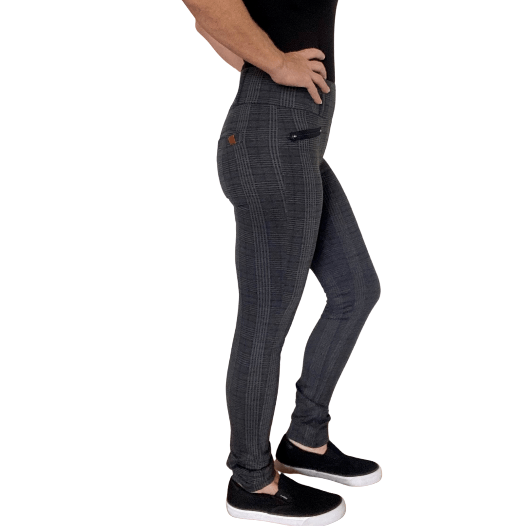 LaaTeeDa Sports Pants LaaTeeDa Women’s Golf Pants - Slim Fitted, Pull On Design With Zipper Front Mock Pockets and Real Back Pockets - Dark Grey Plaid
