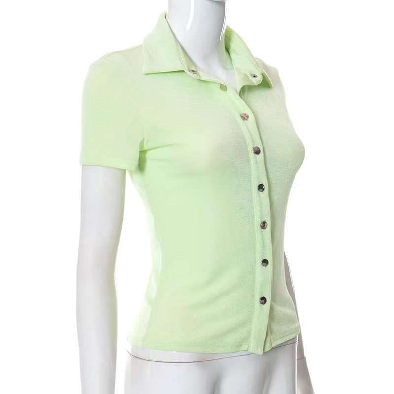 Ladies Mint Green Short Sleeve Button Up Top