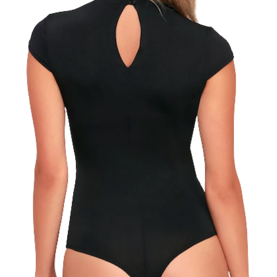 LaaTeeDa Sports Shirts LaaTeeDa Golf Bodysuit For Women with Cap Sleeve in Soft Stretchy Black Fabric, Wear 1 of 3 Ways - Open Collar, Mock Neck or Button Up Key Hole Looks In One Shirt