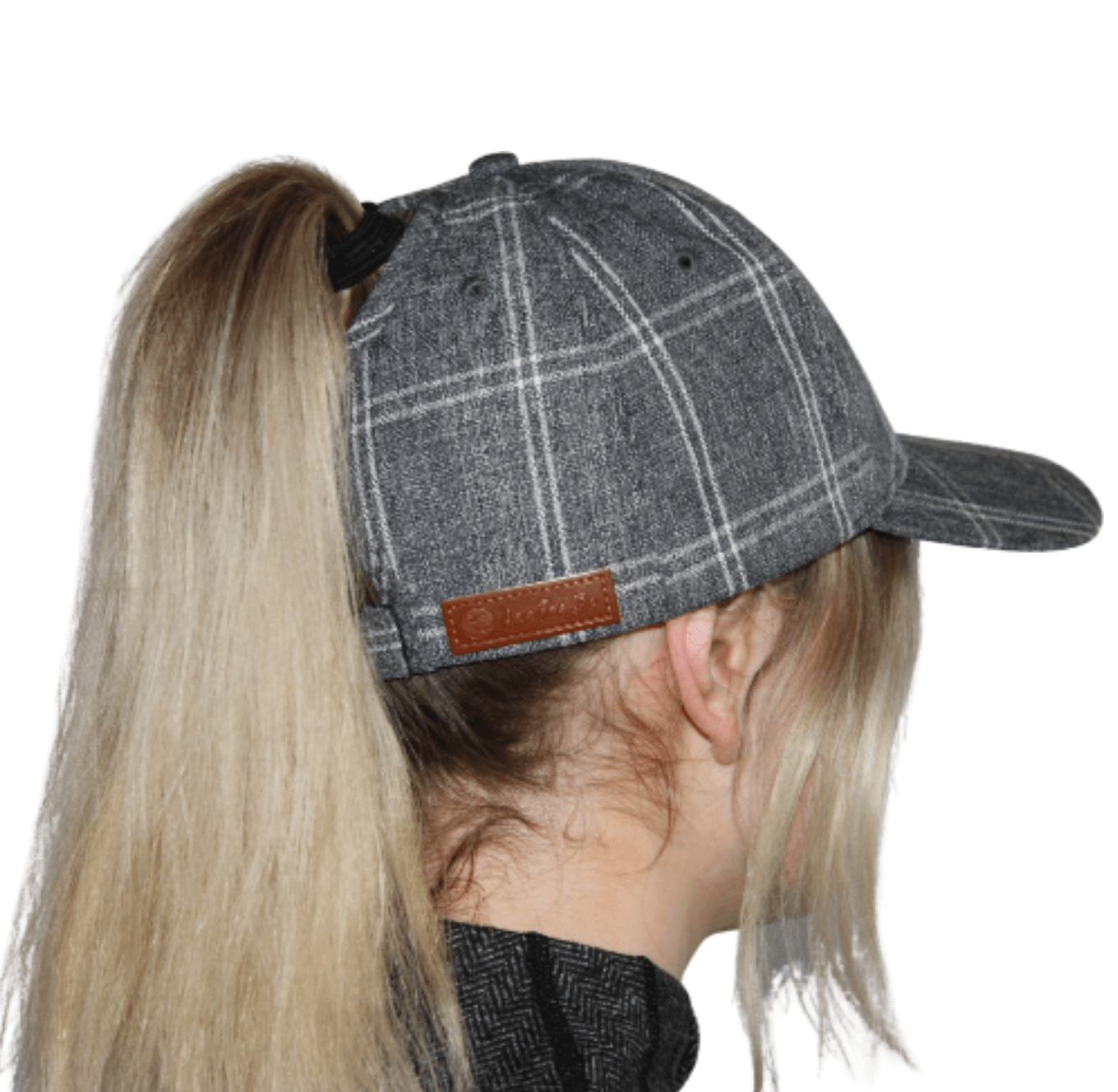 Pony Tail Golf Hat - Grey and White Plaid, Velcro Adjustable Fit