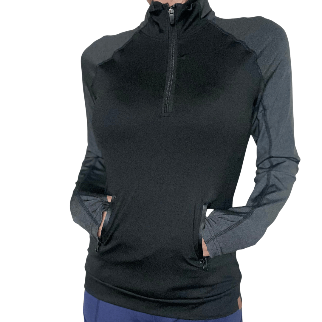 LaaTeeDa Sports Shirts LaaTeeDa Long Sleeve Women’s Golf Pull Over Shirt with Zip Front and High Stand Up Collar - Black and Grey
