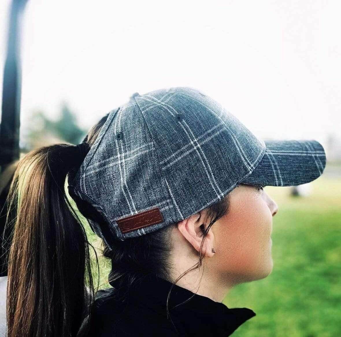 Best Women’s Pony Tail Golf Hat - Grey and White Plaid, Velcro Adjustable Fit