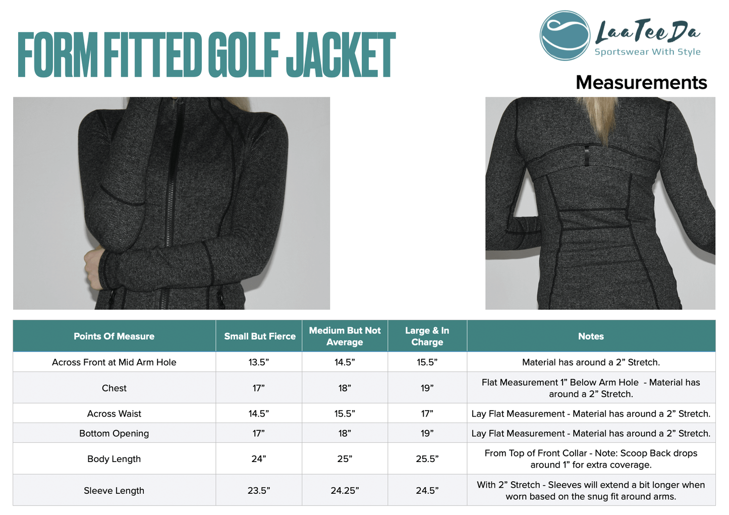 LaaTeeDa Sports Jacket LaaTeeDa Women's Golf Jacket Full Zip, Form Fitted, Stretchy Dark Grey Herringbone Pattern