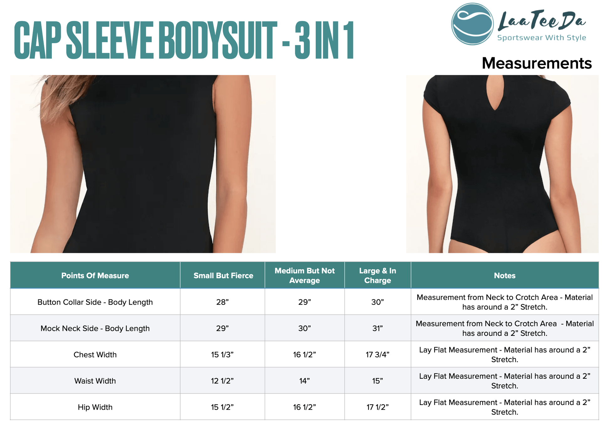 LaaTeeDa Sports Shirts LaaTeeDa Golf Bodysuit For Women with Cap Sleeve in Soft Stretchy Black Fabric, Wear 1 of 3 Ways - Open Collar, Mock Neck or Button Up Key Hole Looks In One Shirt
