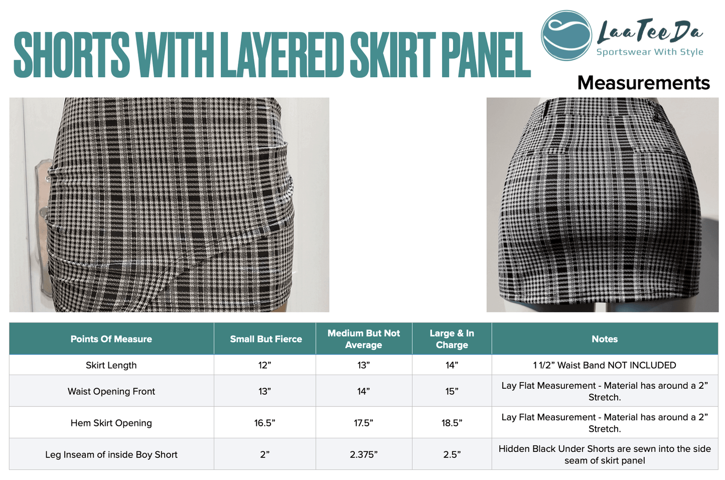Size Chart LaaTeeDa Women’s Golf Skort Skirt - With Stretchy Under Boy Shorts and Layered Skirt Panel